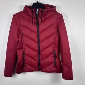 DKNY Women's Quilted Hooded Jacket with Zipped Pockets Red Size M